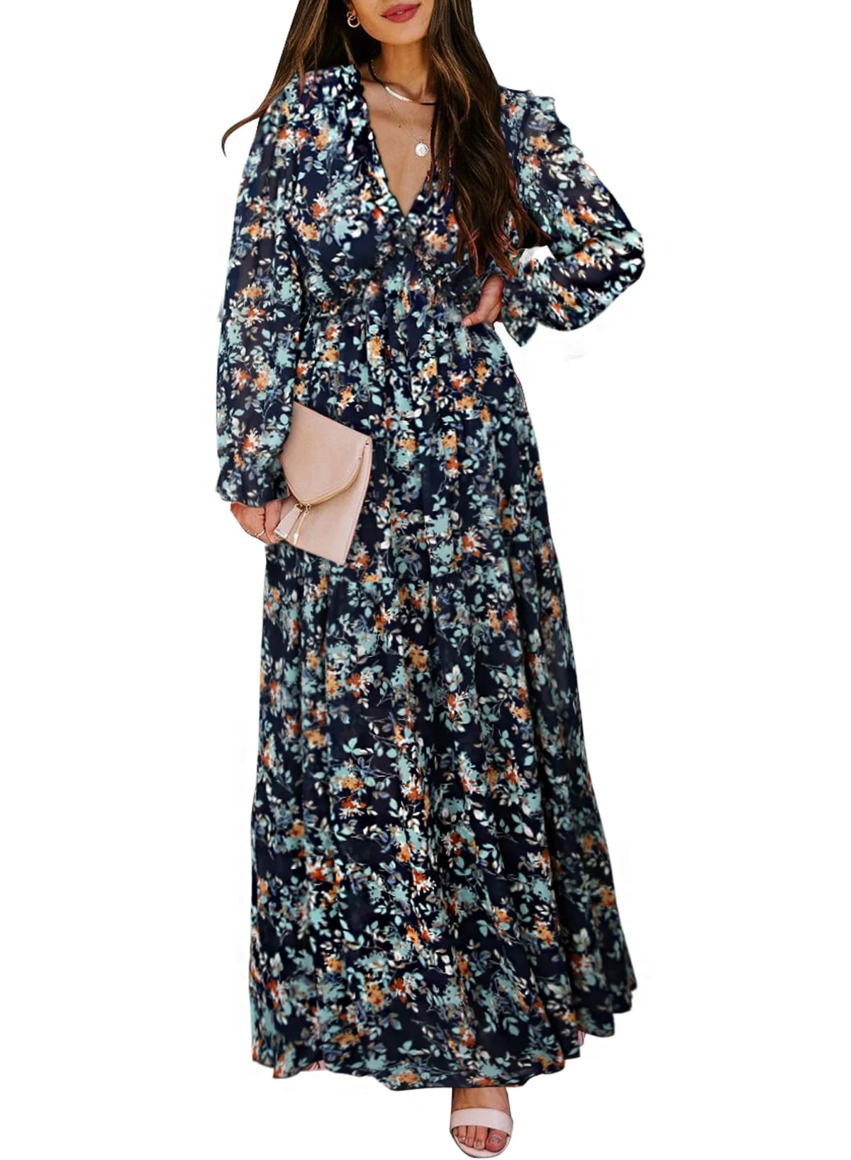 Women'S Black Floral Maxi Dresses Casual Deep V Neck Long Sleeve Evening Dress Cocktail Party Dress for Women, US 12-14(L)