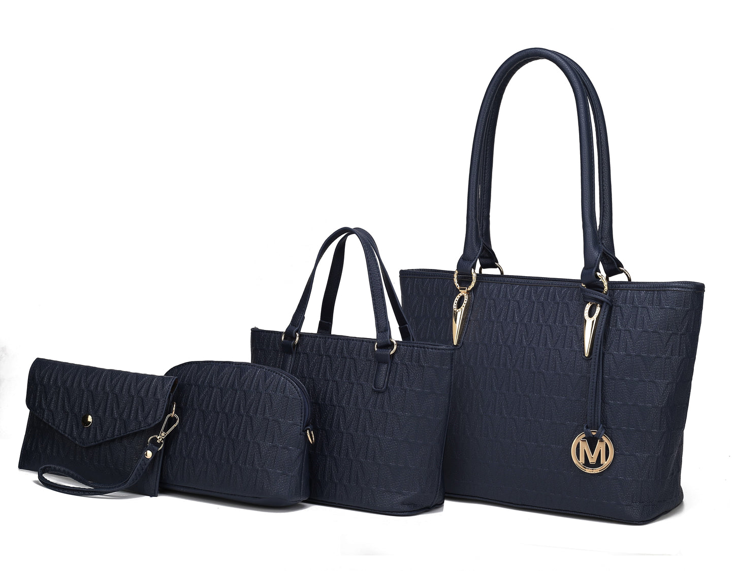 Vegan Leather Women'S Tote Bag, Small Tote Handbag, Pouch Purse & Wristlet Wallet Bag 4 Pcs Set by Mia K - Navy