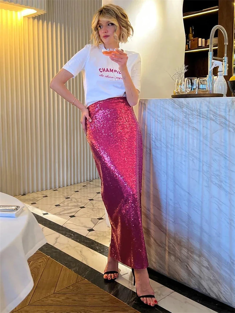 Sequin Female Sexy Maxi Skirt Summer Fashion Glitter High Waist Loose Elegant Club Long Skirt Sparkle Women Long Skirt New